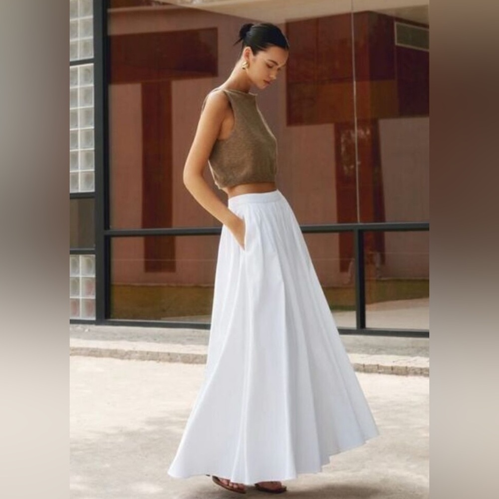 Commense Linen Pleated White Maxi Skirt High Waisted Flowy Beach Boho‎ Chic L